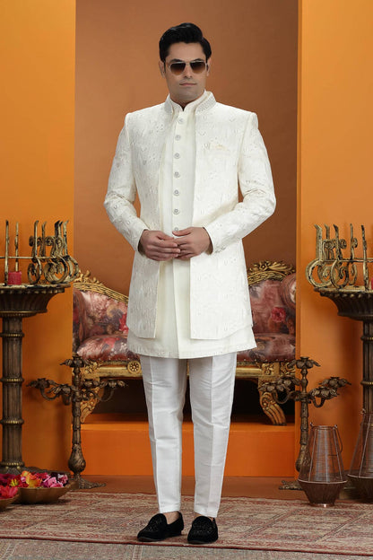 Cream Colour Art Silk Embroidery 3 Pcs Jacket Set