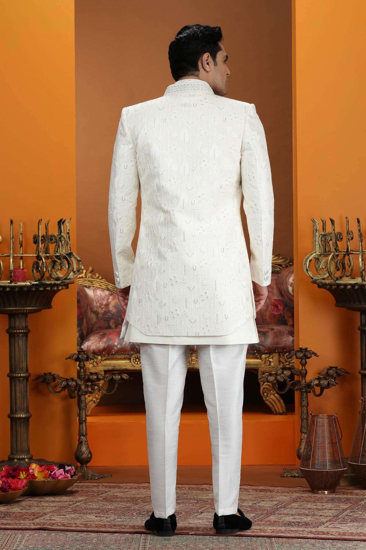 Cream Colour Art Silk Embroidery 3 Pcs Jacket Set
