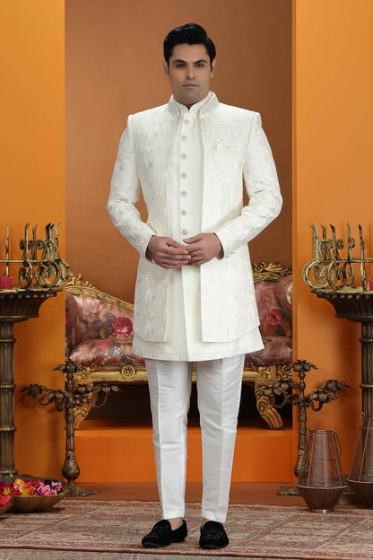 Cream Colour Art Silk Embroidery 3 Pcs Jacket Set