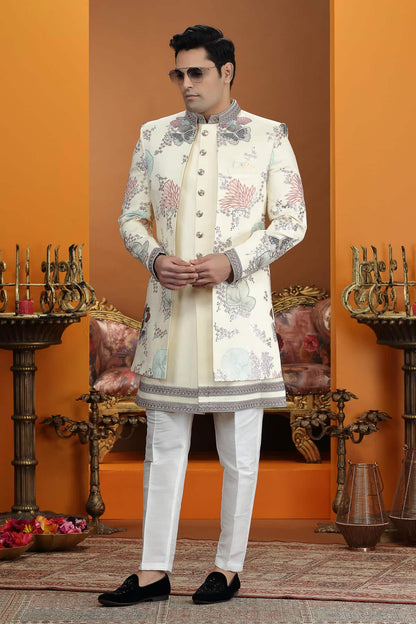 Cream Colour Art Silk Embroidery 3 Pcs Jacket Set