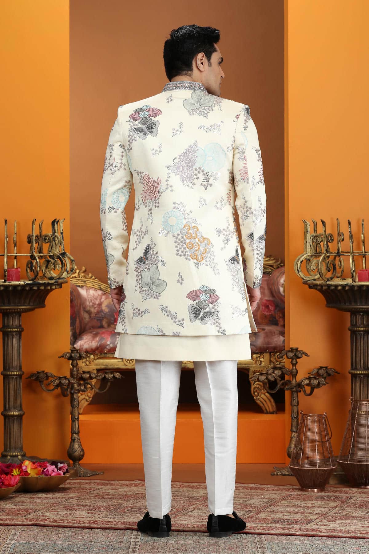 Cream Colour Art Silk Embroidery 3 Pcs Jacket Set