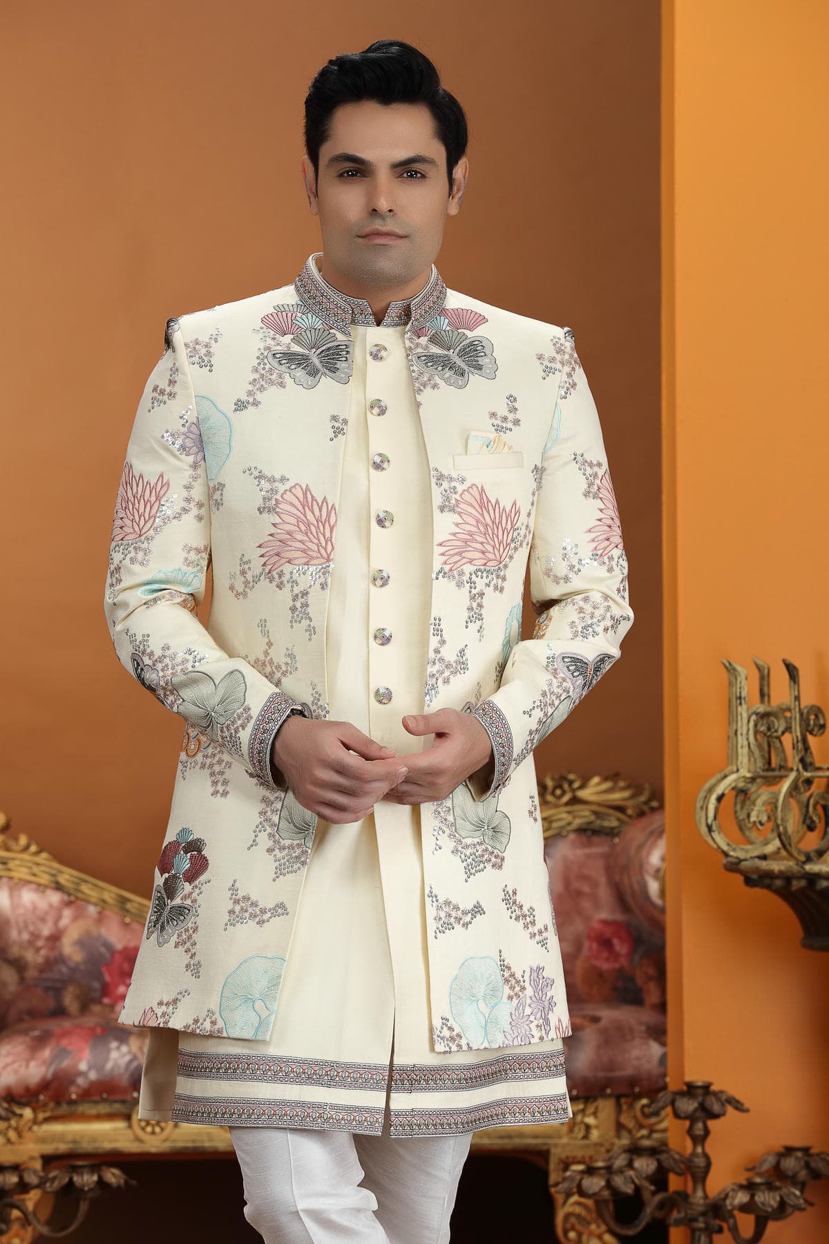 Cream Colour Art Silk Embroidery 3 Pcs Jacket Set