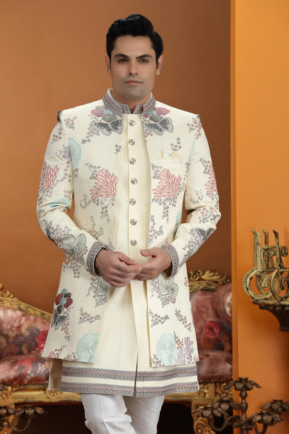 Cream Colour Art Silk Embroidery 3 Pcs Jacket Set