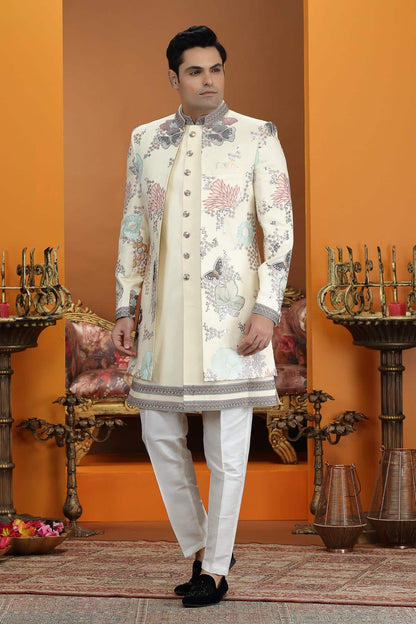 Cream Colour Art Silk Embroidery 3 Pcs Jacket Set