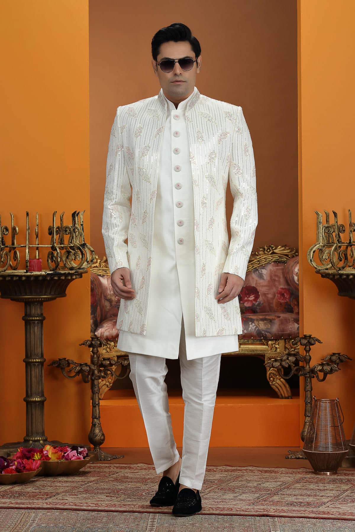Cream Colour Art Silk Embroidery 3 Pcs Jacket Set