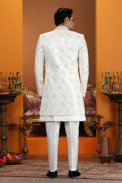 Cream Colour Art Silk Embroidery 3 Pcs Jacket Set