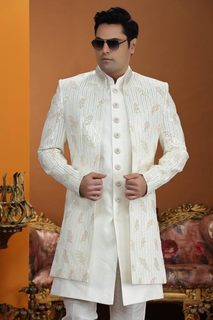 Cream Colour Art Silk Embroidery 3 Pcs Jacket Set