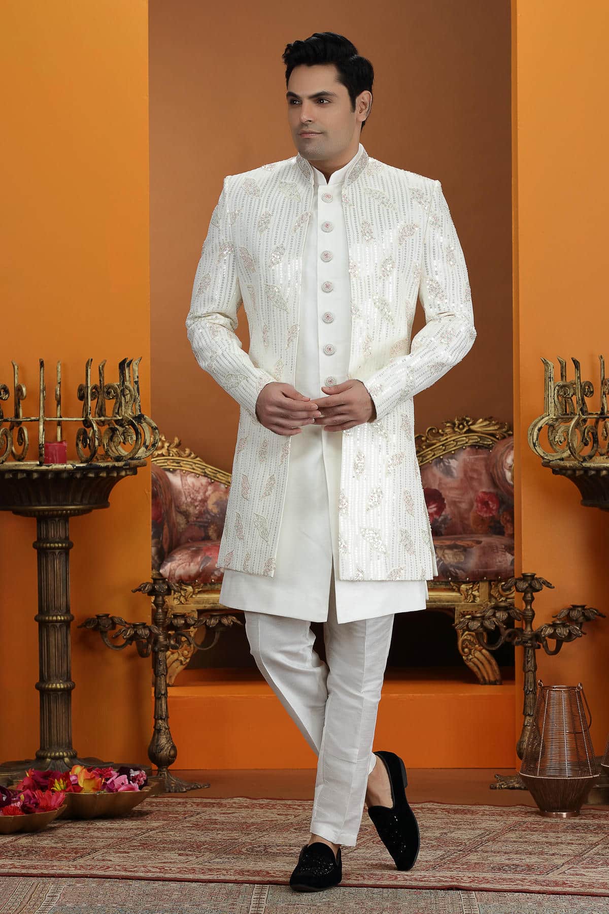 Cream Colour Art Silk Embroidery 3 Pcs Jacket Set