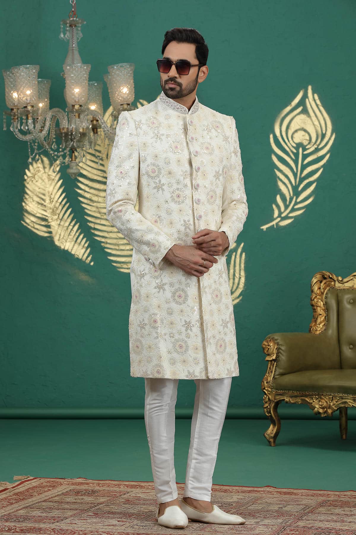 Cream Colour Art Silk Embroidery Sherwani