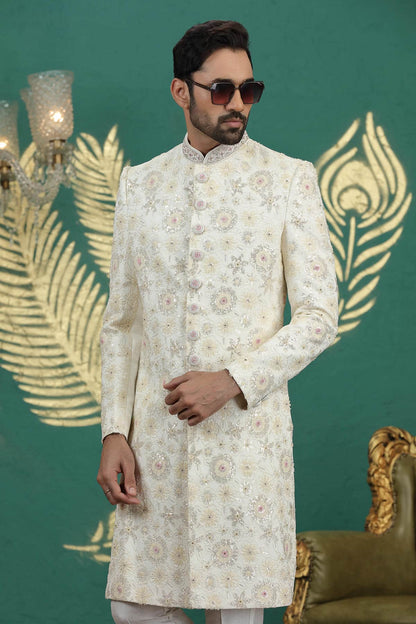 Cream Colour Art Silk Embroidery Sherwani
