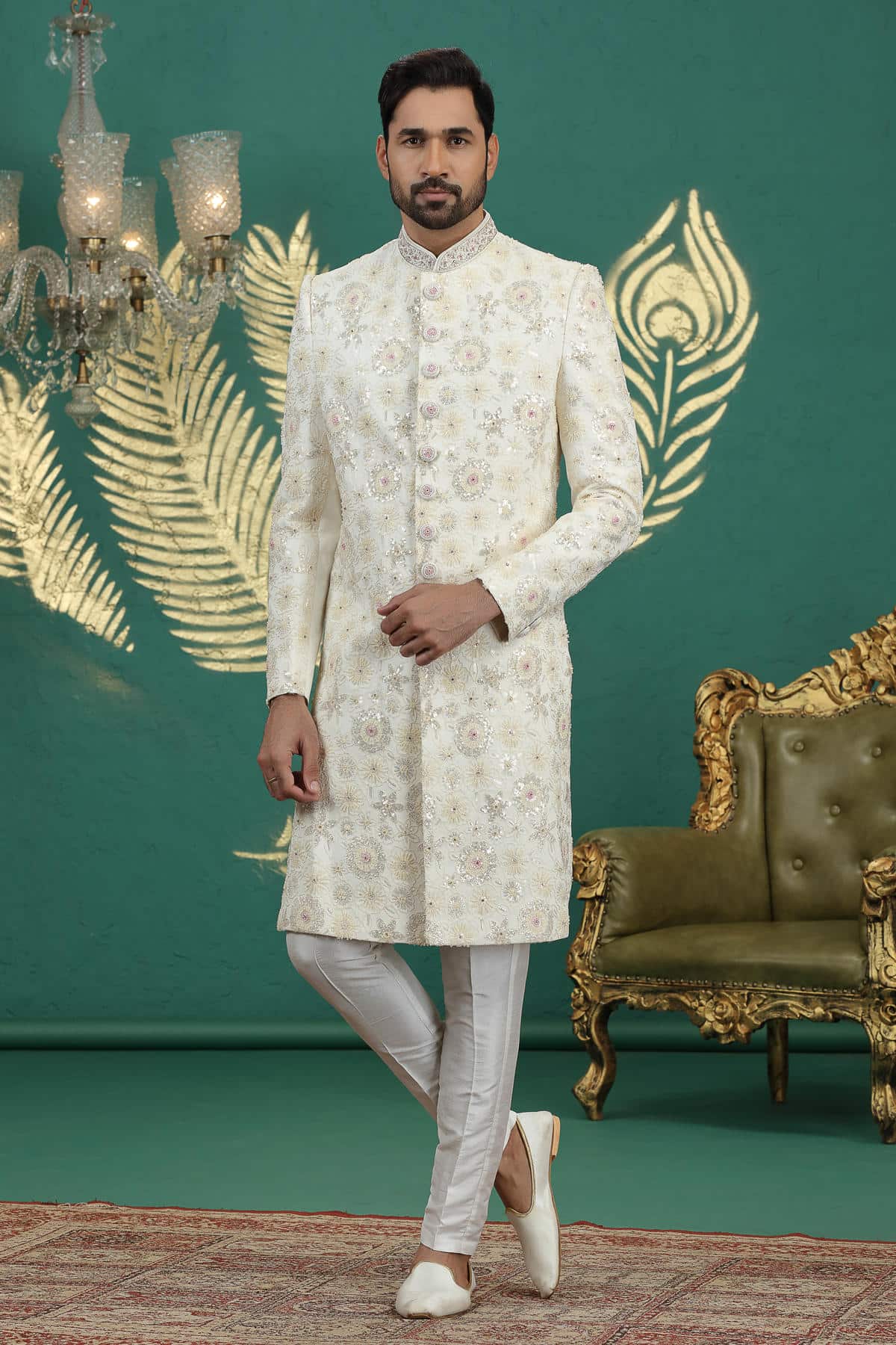 Cream Colour Art Silk Embroidery Sherwani