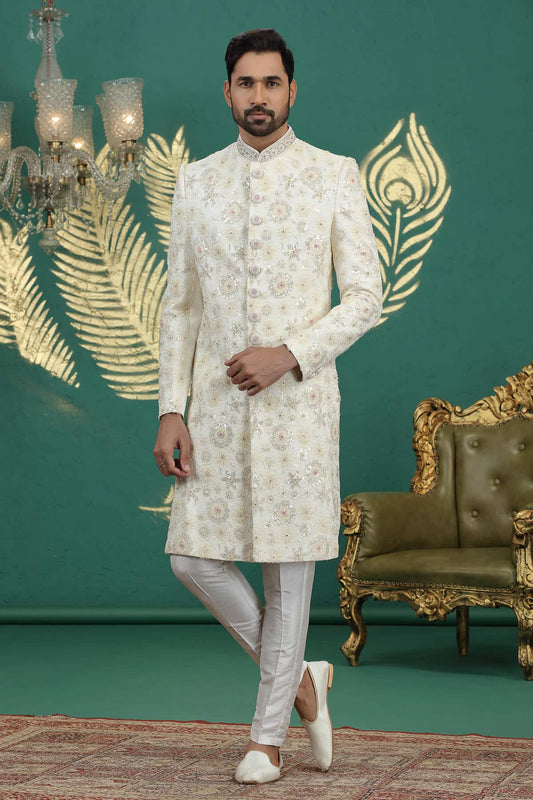 Cream Colour Art Silk Embroidery Sherwani