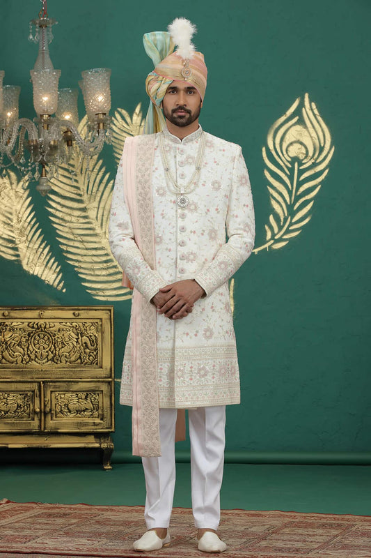 Cream Colour Art Silk Embroidery Sherwani