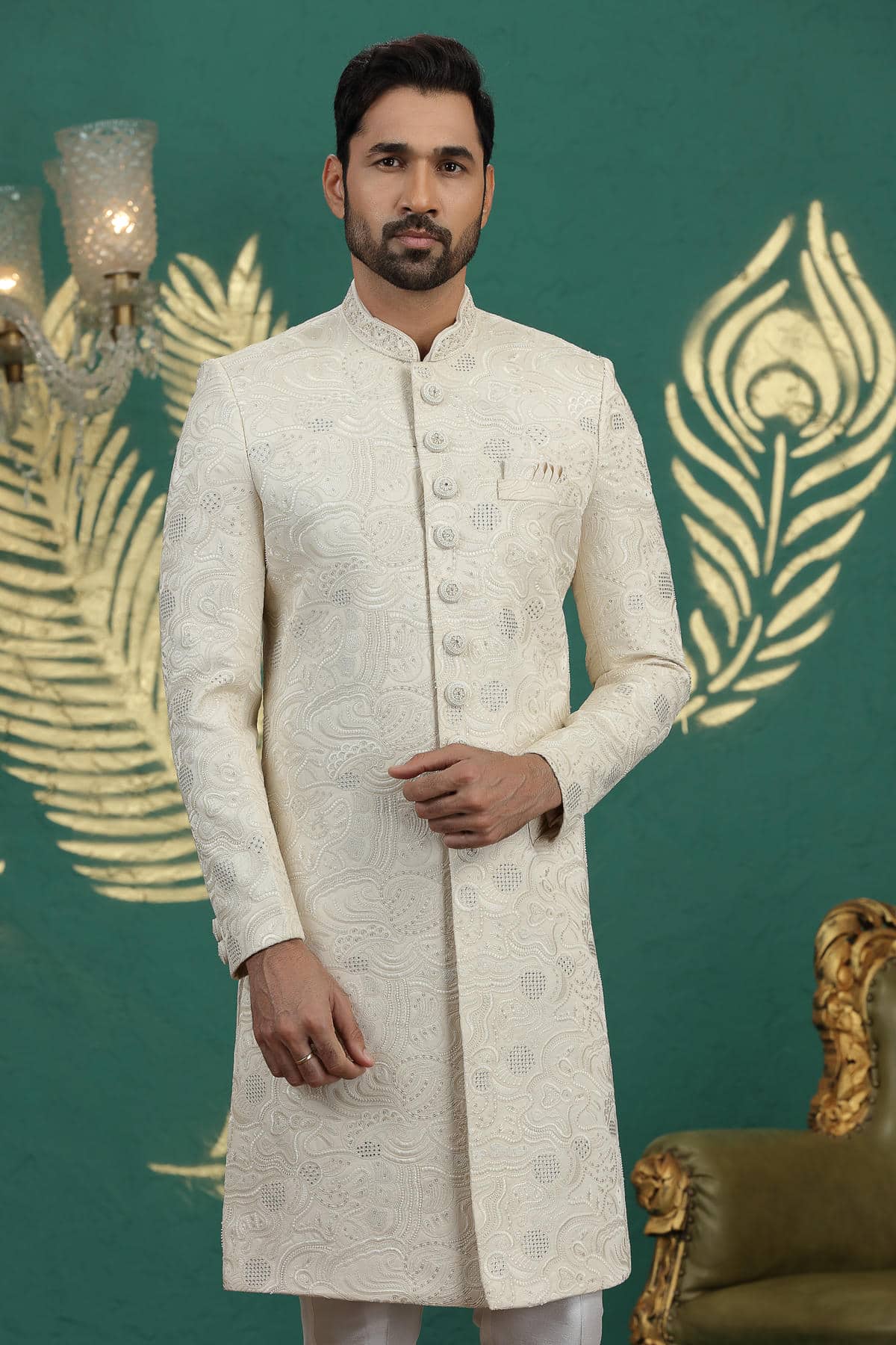Cream Colour Art Silk Embroidery Sherwani