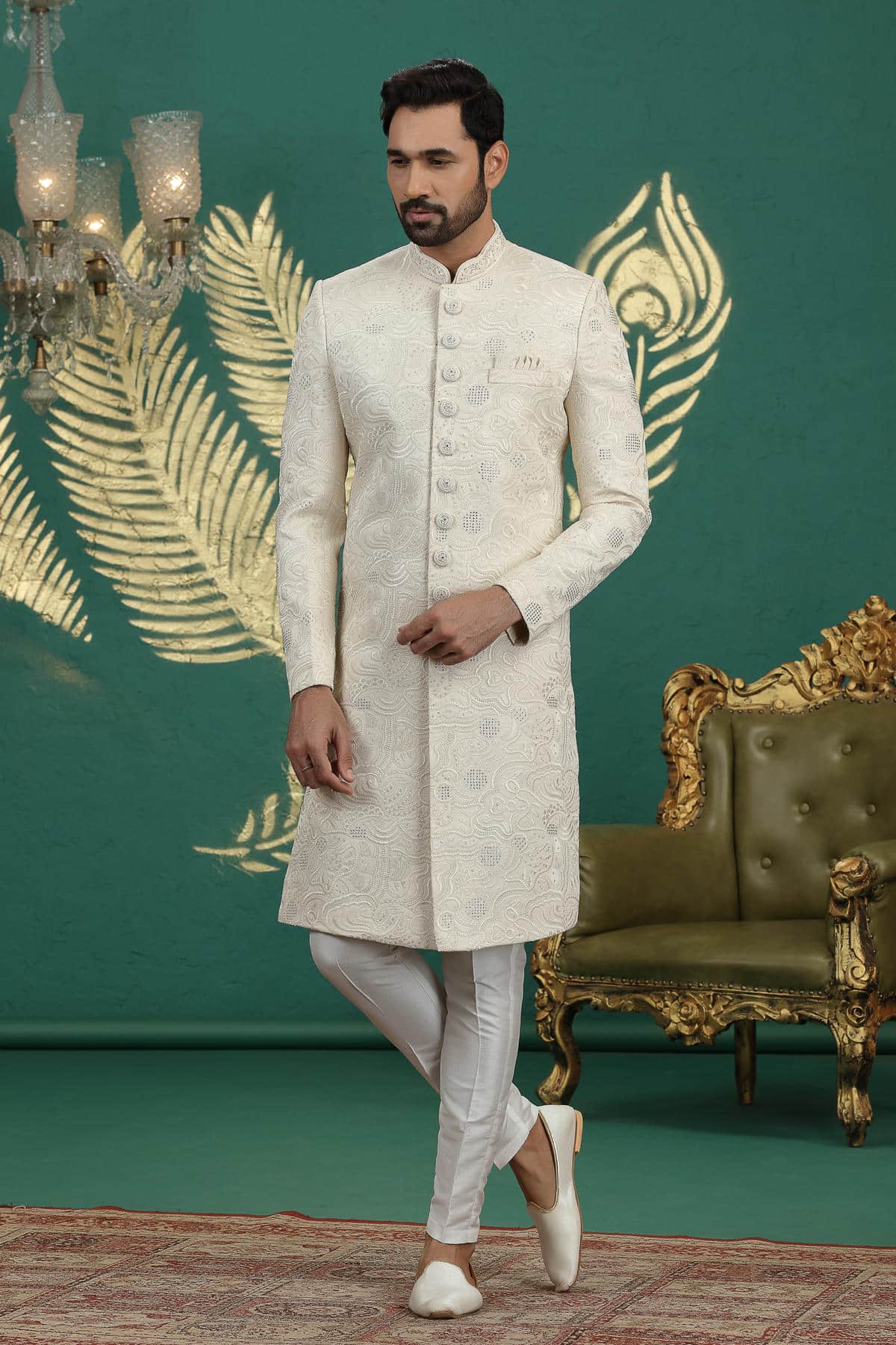 Cream Colour Art Silk Embroidery Sherwani