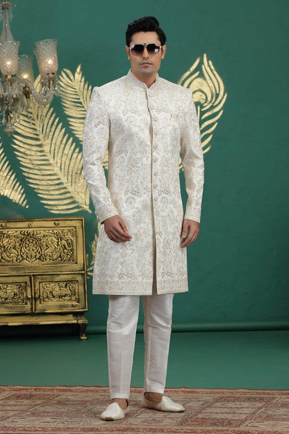 Cream Colour Art Silk Embroidery Sherwani
