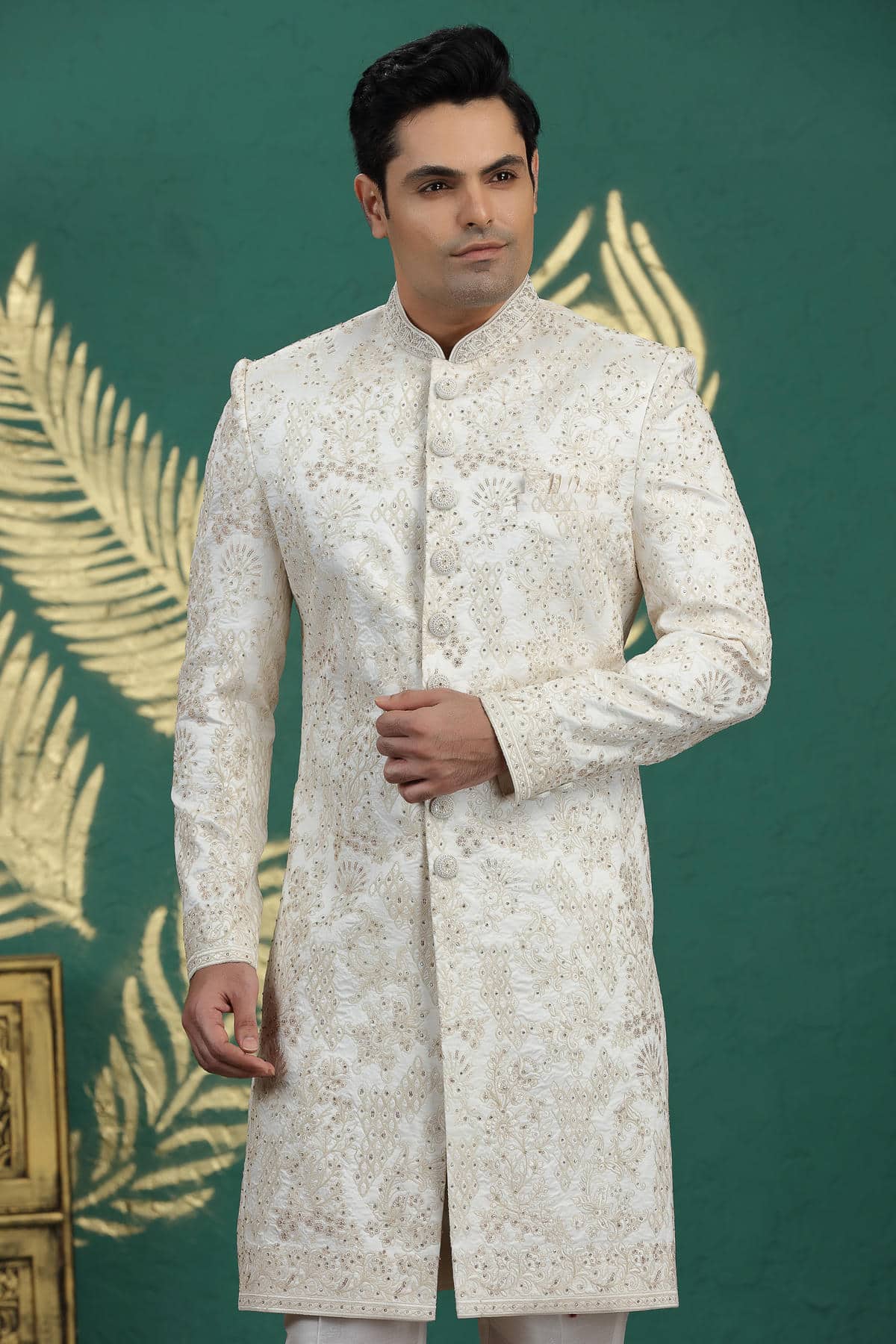 Cream Colour Art Silk Embroidery Sherwani