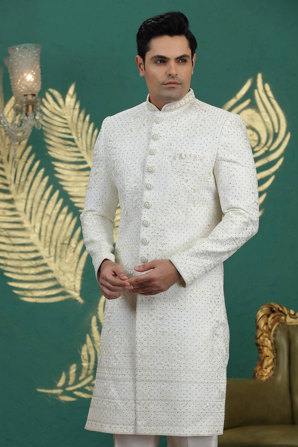 Cream Colour Art Silk Embroidery Sherwani