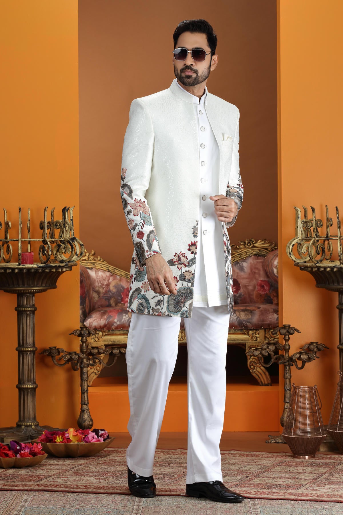Cream Colour Art Silk Embroidery Work 3 Pcs Jacket Set Sherwani