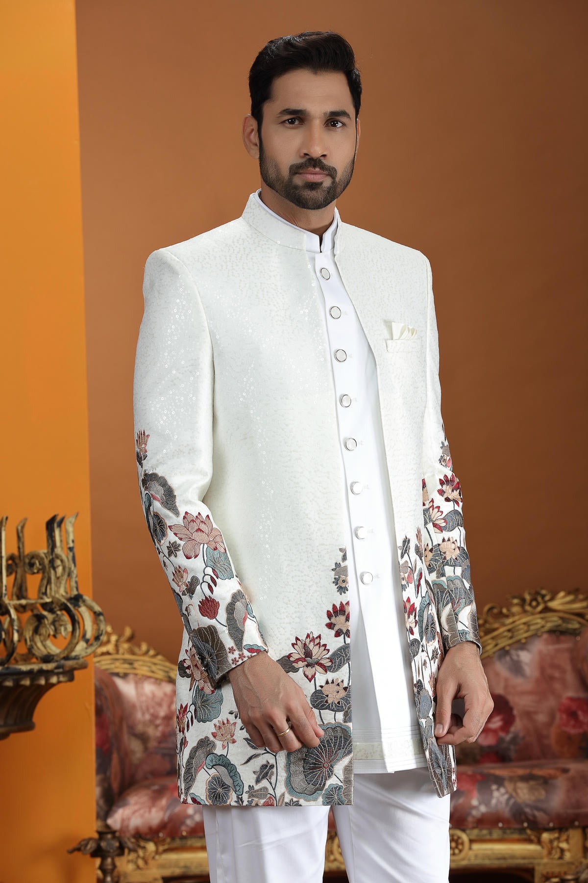 Cream Colour Art Silk Embroidery Work 3 Pcs Jacket Set Sherwani