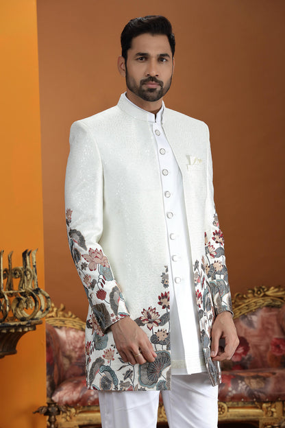Cream Colour Art Silk Embroidery Work 3 Pcs Jacket Set Sherwani