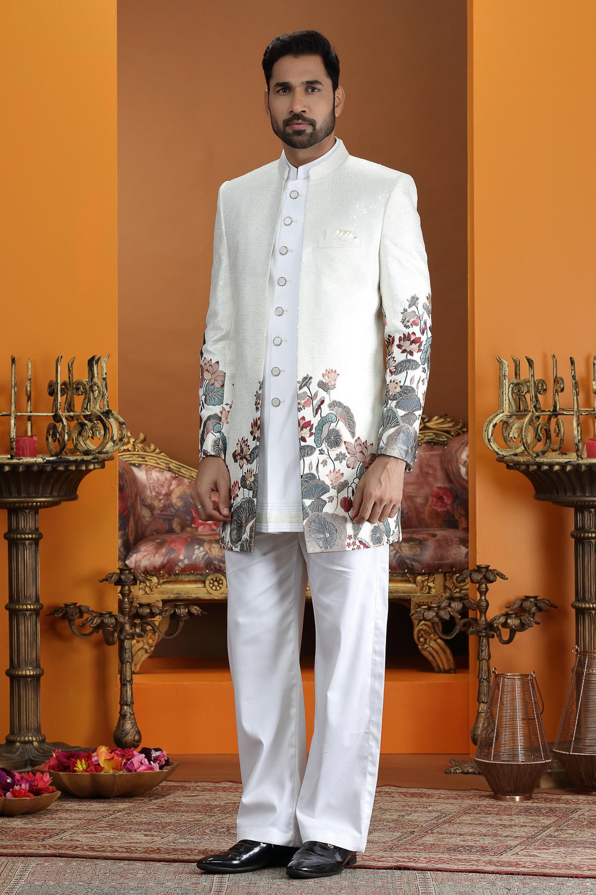 Cream Colour Art Silk Embroidery Work 3 Pcs Jacket Set Sherwani