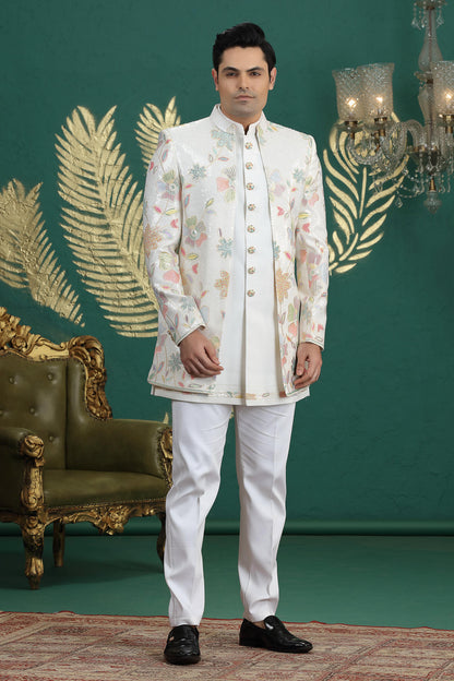Cream Colour Art Silk Embroidery Work 3 Pcs Jacket Set Sherwani