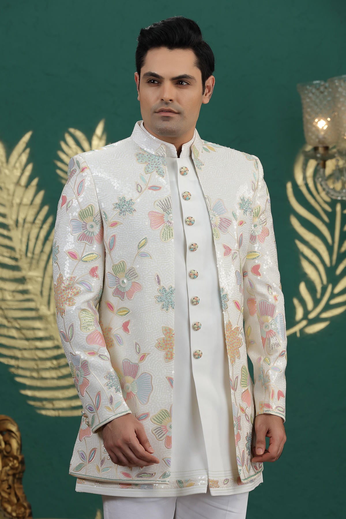 Cream Colour Art Silk Embroidery Work 3 Pcs Jacket Set Sherwani