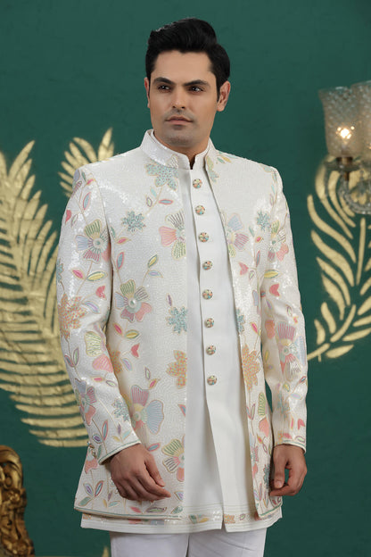 Cream Colour Art Silk Embroidery Work 3 Pcs Jacket Set Sherwani