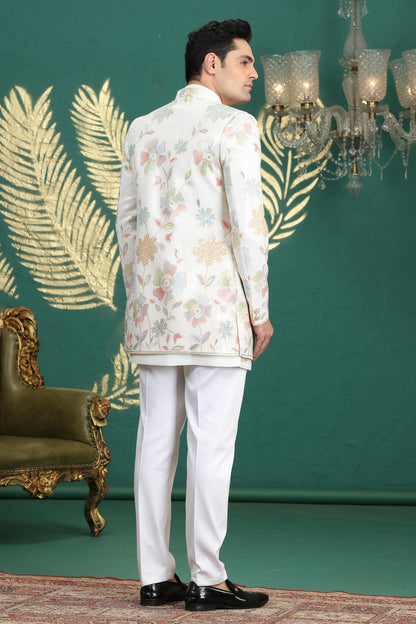 Cream Colour Art Silk Embroidery Work 3 Pcs Jacket Set Sherwani