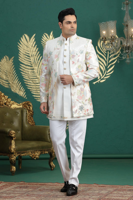 Cream Colour Art Silk Embroidery Work 3 Pcs Jacket Set Sherwani