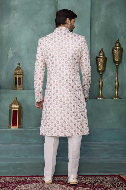 Cream Colour Art Silk Embroidery Work Sherwani