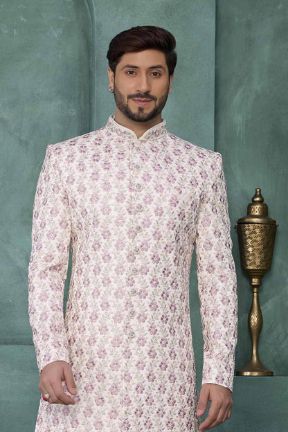 Cream Colour Art Silk Embroidery Work Sherwani