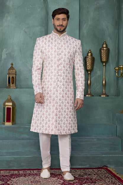 Cream Colour Art Silk Embroidery Work Sherwani