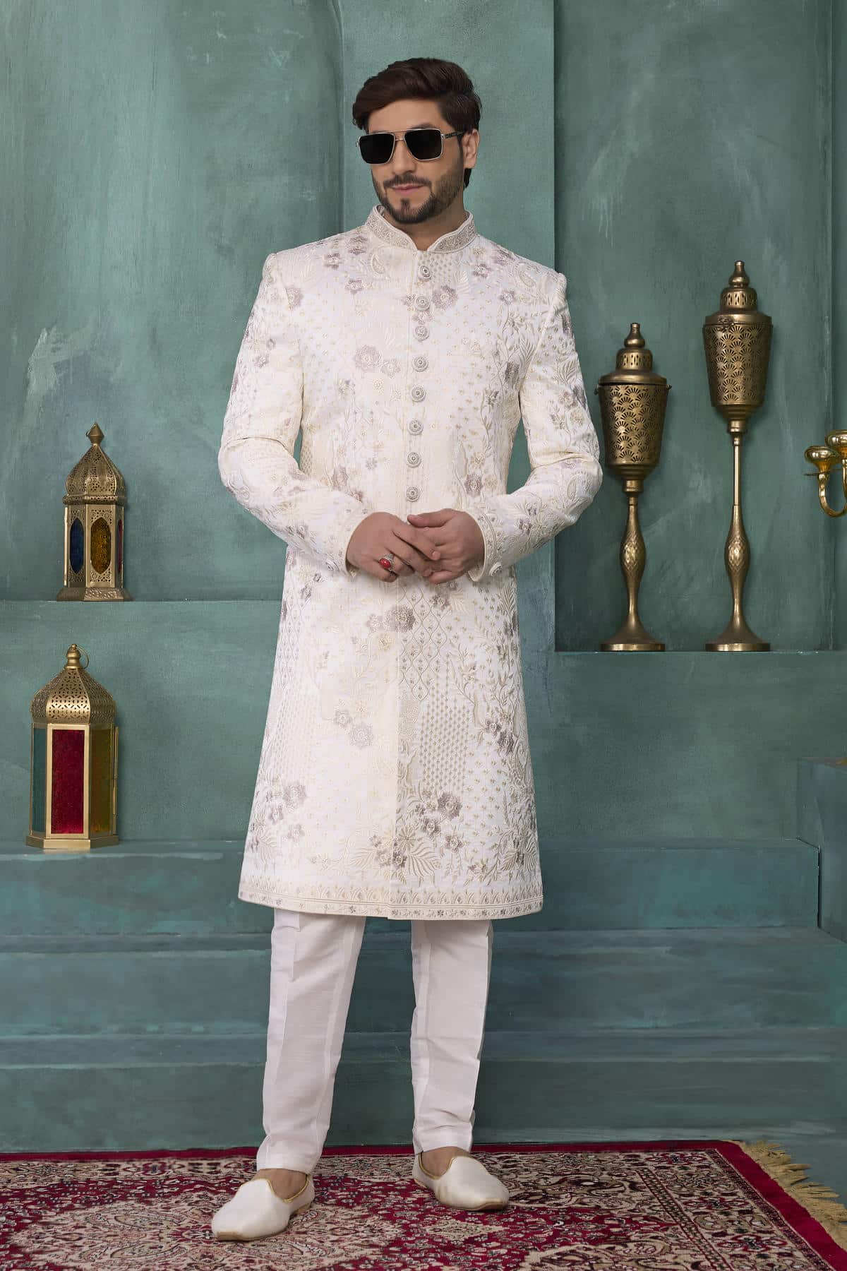 Cream Colour Art Silk Embroidery Work Sherwani