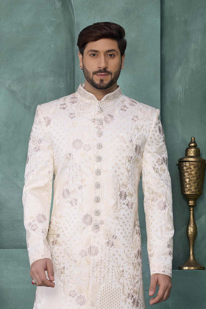 Cream Colour Art Silk Embroidery Work Sherwani