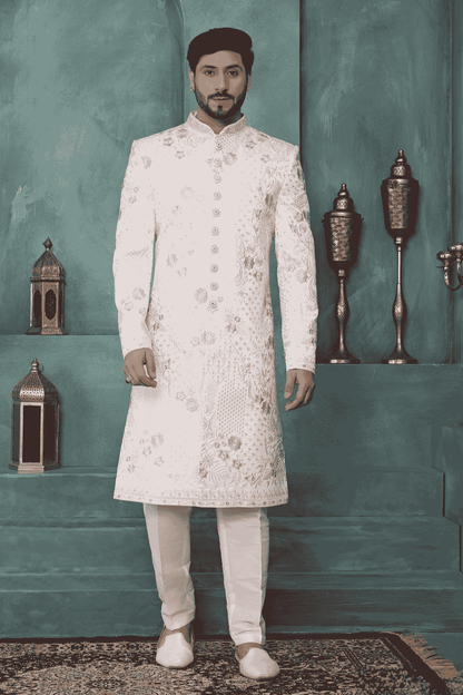 Cream Colour Art Silk Embroidery Work Sherwani