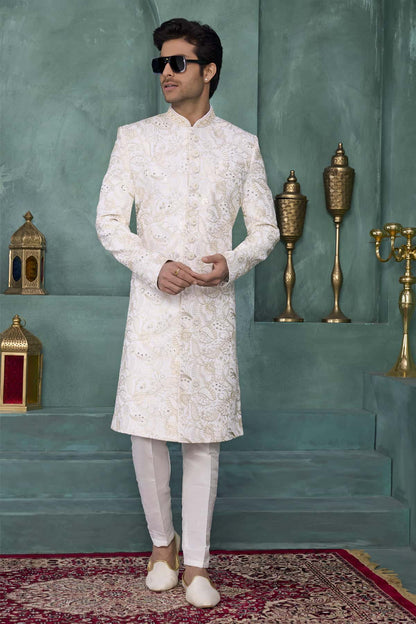 Cream Colour Art Silk Embroidery Work Sherwani