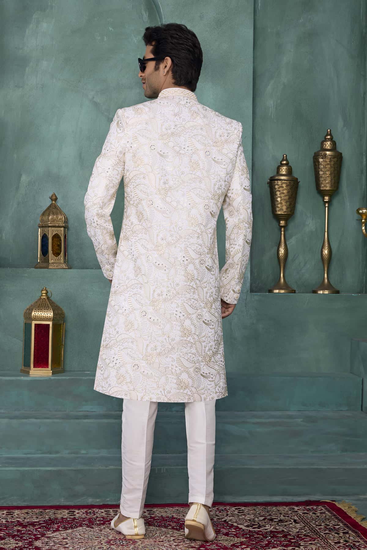 Cream Colour Art Silk Embroidery Work Sherwani