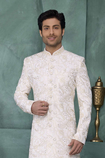 Cream Colour Art Silk Embroidery Work Sherwani