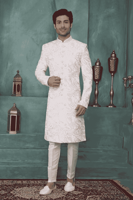 Cream Colour Art Silk Embroidery Work Sherwani