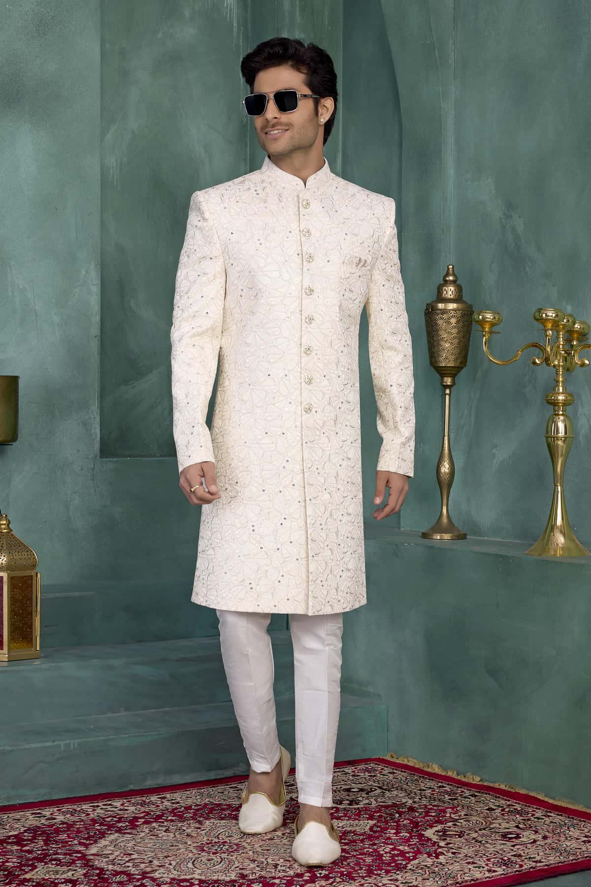 Cream Colour Art Silk Embroidery Work Sherwani