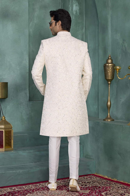 Cream Colour Art Silk Embroidery Work Sherwani