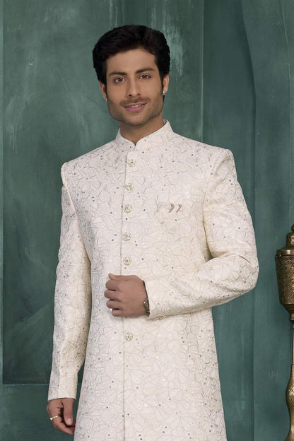 Cream Colour Art Silk Embroidery Work Sherwani