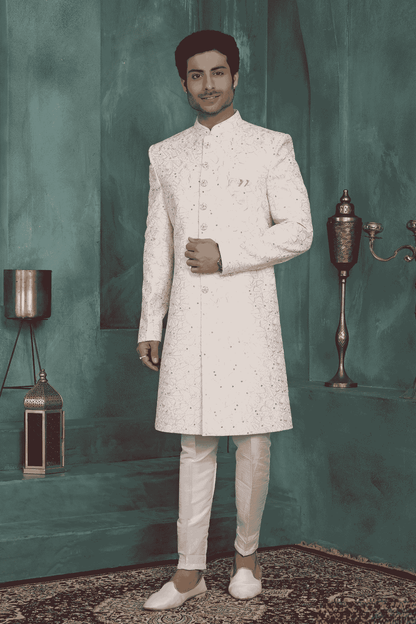 Cream Colour Art Silk Embroidery Work Sherwani