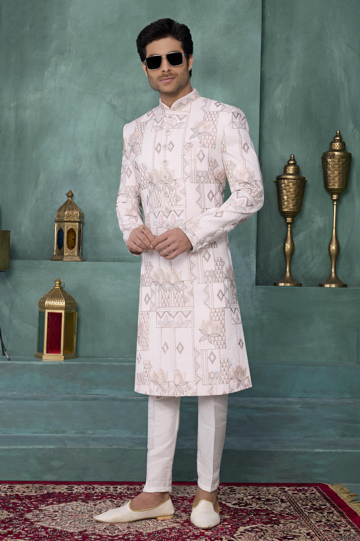 Cream Colour Art Silk Embroidery Work Sherwani
