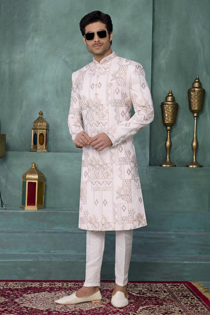 Cream Colour Art Silk Embroidery Work Sherwani