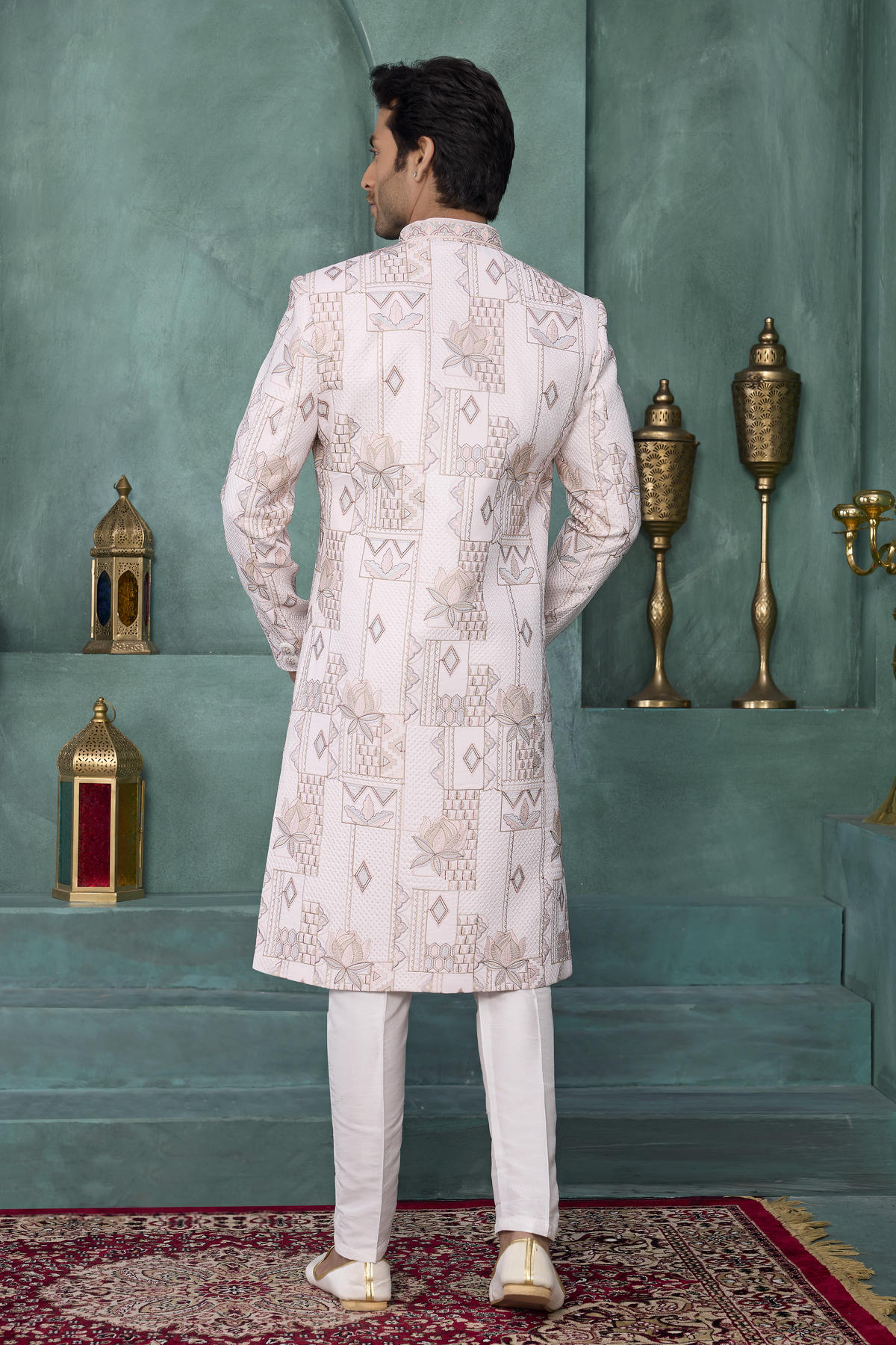 Cream Colour Art Silk Embroidery Work Sherwani