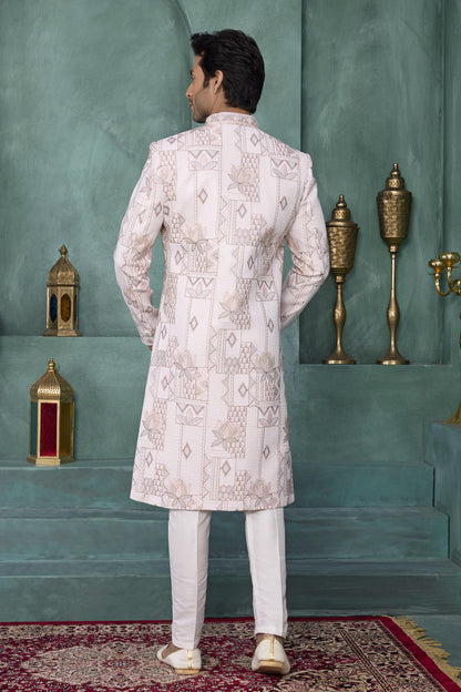 Cream Colour Art Silk Embroidery Work Sherwani