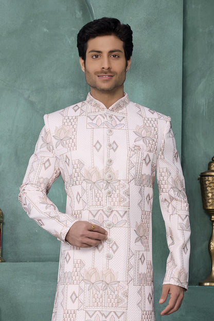 Cream Colour Art Silk Embroidery Work Sherwani